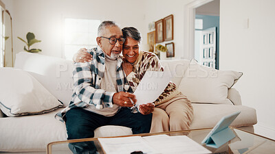 Buy stock photo Documents, discussion and senior couple on sofa in home with retirement funds, savings or payout. Happy, paperwork and elderly man with woman for planning pension, expenses or asset management.