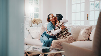 Buy stock photo Sofa, nurse or woman with hug in home for healthcare assistance, trust or support for medical visit. Happy, female person or patient with smile or thank you for health service or checkup in house
