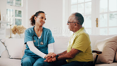 Buy stock photo Nurse, old man and holding hands in home for trust, support and wellness with assisted living. Caregiver, person and comfort in lounge for homecare, medical healthcare and smile in retirement
