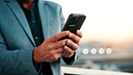Business, text or hands on balcony with phone, lead generation or rental inquiry on networking site. Space, man or realtor with tech, listing feedback or digital communication on property investment.