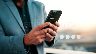 Buy stock photo Business, text or hands on balcony with phone, lead generation or rental inquiry on networking site. Space, man or realtor with tech, listing feedback or digital communication on property investment.