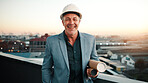 Portrait, man and contractor with sunset, inspector or engineering for urban infrastructure outdoor. Mature, person and architect on rooftop with blueprint, quality control or city construction