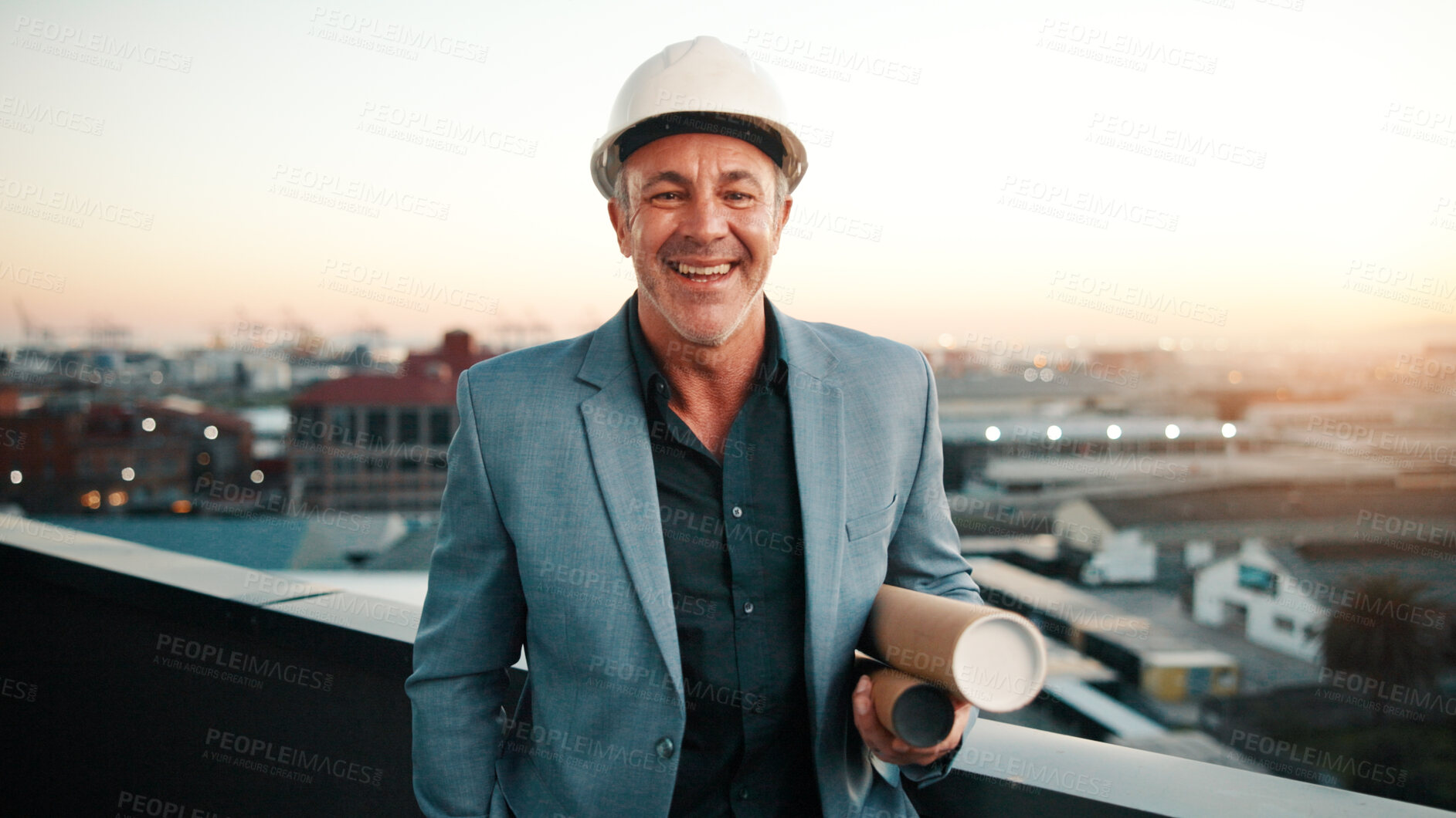 Buy stock photo Portrait, man and contractor with blueprint, inspector or engineering for urban infrastructure outdoor. Mature, person and architect on rooftop with sunset, quality control or city construction