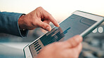 Tablet screen, hands and businessman in city with statistics, data or stock market analysis. Graphs, research and financial manager with digital technology for investment revenue growth in town.