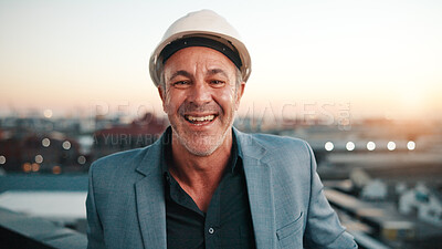 Buy stock photo Portrait, man and architect with sunset, inspector and engineering for urban infrastructure outdoor. Mature, person and contractor on rooftop with about us, quality control or city construction