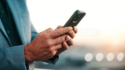 Buy stock photo Business, text or hands with phone, lead generation or rental inquiry on networking site. Space, man or property agent with connection, listing feedback or digital communication on realtor investment
