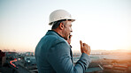 Phone call, man and architect with project, sunset and engineer for urban infrastructure outdoor. Communication, mature person or contractor on rooftop with tech, quality control or city construction