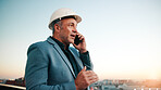 Phone call, man and architect with project, engineer and space for urban infrastructure outdoor. Communication, mature person or contractor on rooftop with tech, quality control or city construction