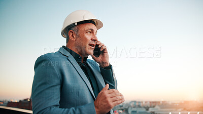 Buy stock photo Phone call, man and architect with project, engineer and space for urban infrastructure outdoor. Communication, mature person or contractor on rooftop with tech, quality control or city construction