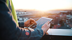 Hands, engineer and graphs with tablet screen for construction, budget and report for architecture. Person, reading and data analysis on balcony with digital, financial charts and infrastructure cost