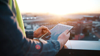 Buy stock photo Hands, engineer and graphs with tablet screen for construction, budget and report for architecture. Person, reading and data analysis on balcony with digital, financial charts and infrastructure cost