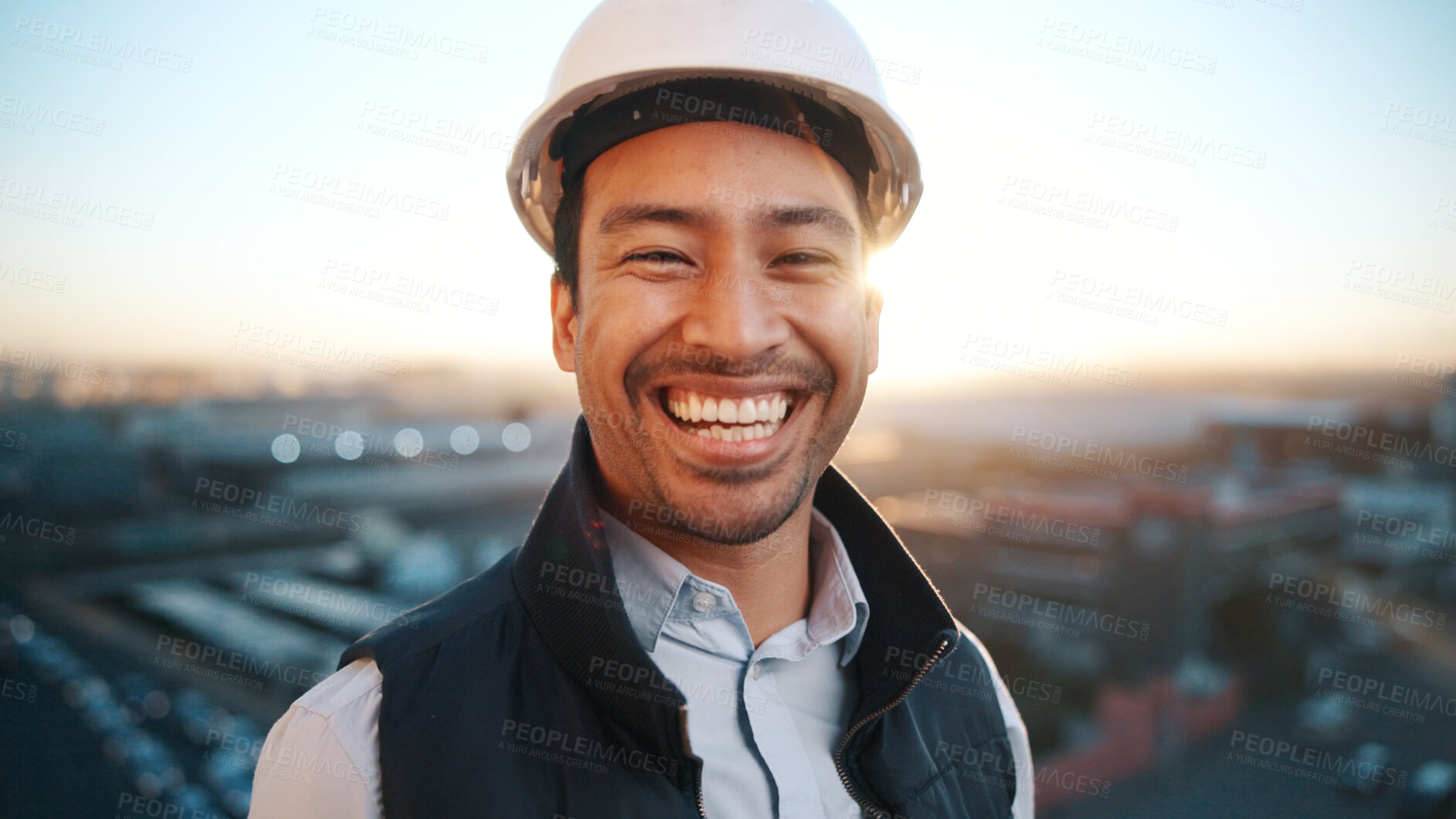 Buy stock photo Portrait, man and architect outdoor with smile, inspector or engineering for urban infrastructure. Happy, person and contractor on rooftop with positive attitude, quality control or city construction