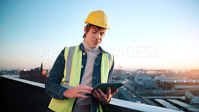 Buy stock photo Architect, man and research on balcony with tablet, review building design or planning for project. Person, outdoor and property designer browsing in city with tech, architecture or urban development