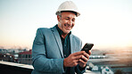 Typing, man and architect with phone, sunset and engineering for urban infrastructure outdoor. Communication, mature person and contractor on rooftop with tech, quality control or city construction