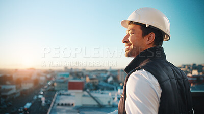 Buy stock photo Thinking, man and architect with smile, inspector or engineering for urban infrastructure outdoor. Space, person and contractor on rooftop with positive attitude, quality control or city construction