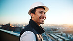 Reflection, man and architect with smile, inspector or engineer for urban infrastructure outdoor. Space, person and contractor on rooftop with positive attitude, quality control or city construction