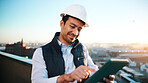 Research, man and construction worker with tablet for city planning, checklist or site development. Happy, digital technology and civil engineer with feedback on building renovation on rooftop.