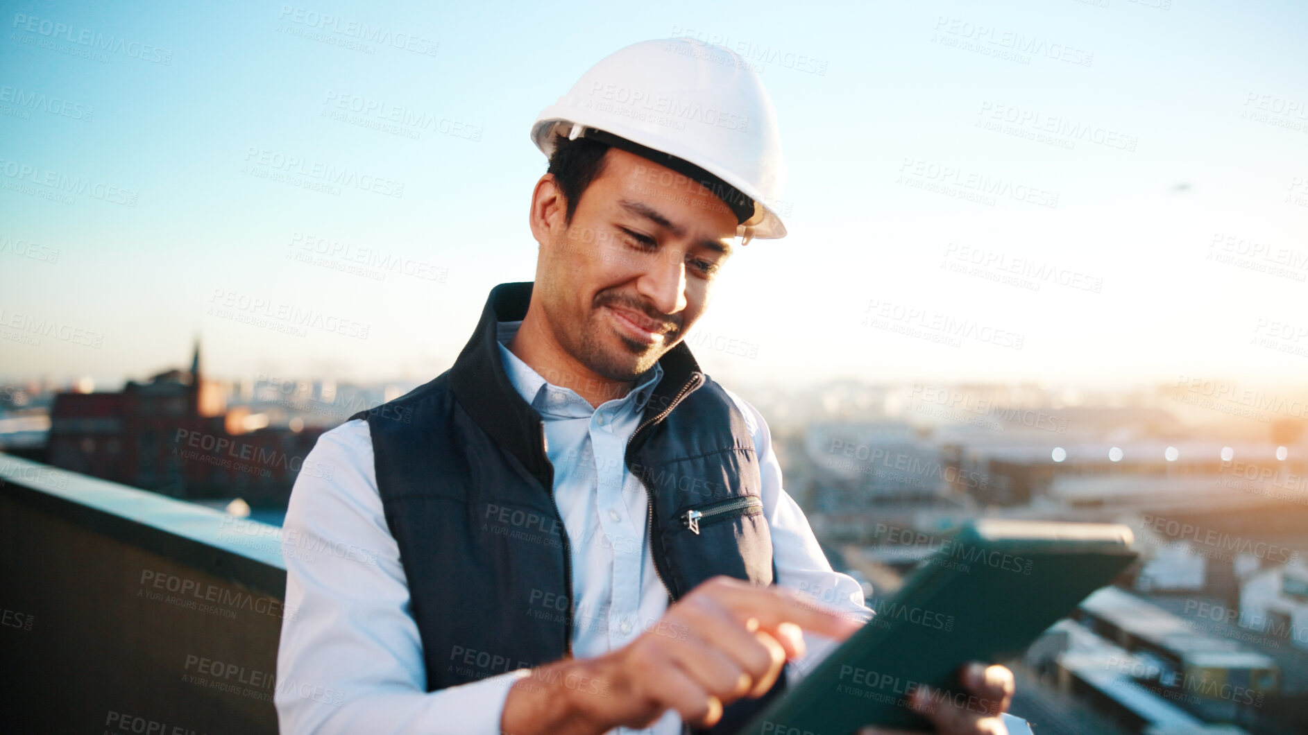 Buy stock photo Research, man and construction worker with tablet for city planning, checklist or site development. Happy, digital technology and civil engineer with feedback on building renovation on rooftop.