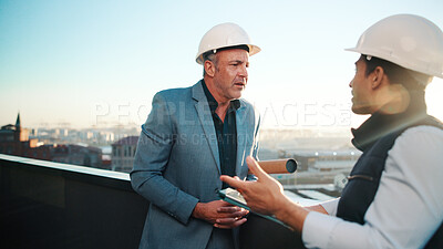 Buy stock photo Architect, tablet and men on rooftop for discussion, real estate development and idea in city. Tech, construction and team planning outdoor, property project or building review with safety report