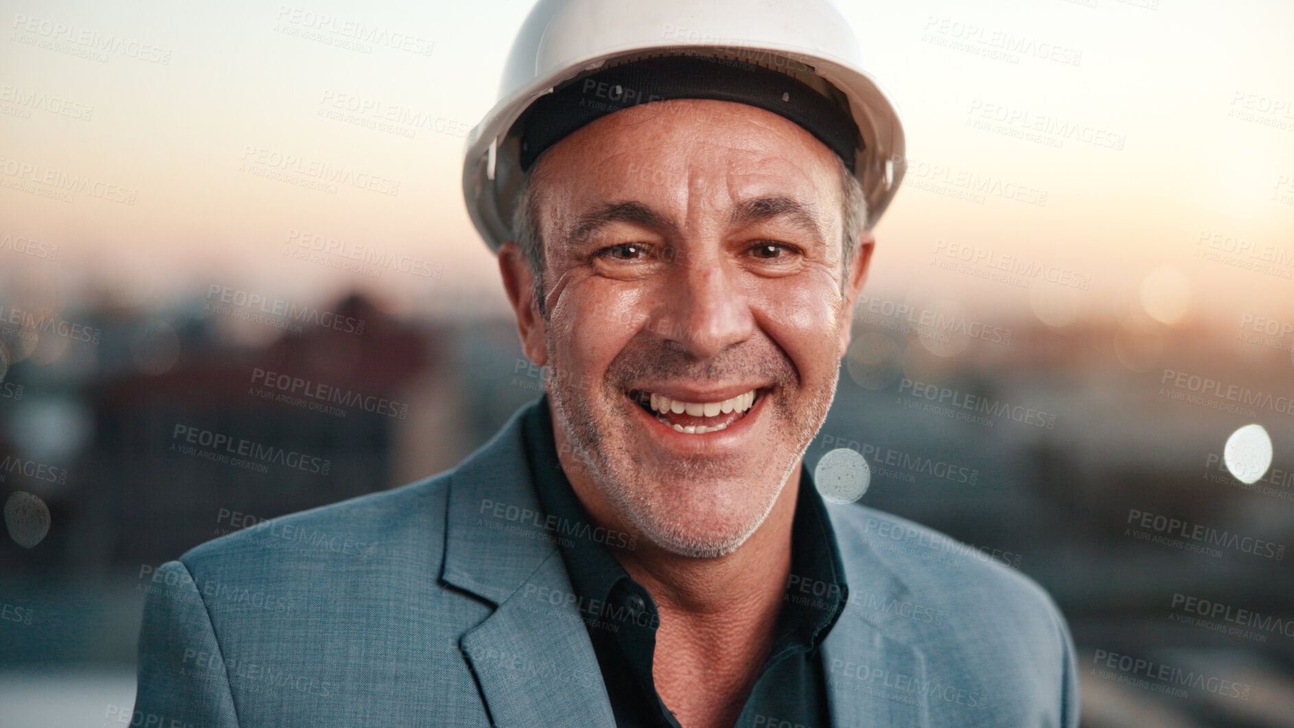 Buy stock photo Portrait, man and contractor outdoor with sunset, inspector or engineering for urban infrastructure. Mature, person and architect on rooftop with about us, quality control or city construction