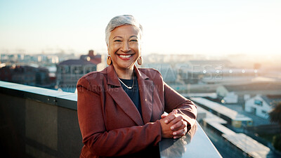 Buy stock photo Business, portrait and woman on balcony with smile, property agent or pride in real estate industry. Confidence, happy and mature broker with space, leasing manager or about us as housing consultant.