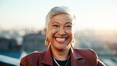 Buy stock photo Business, happy and woman on balcony with portrait, property agent or pride in real estate industry. Confidence, realtor or mature broker with space, leasing manager or about us as housing consultant