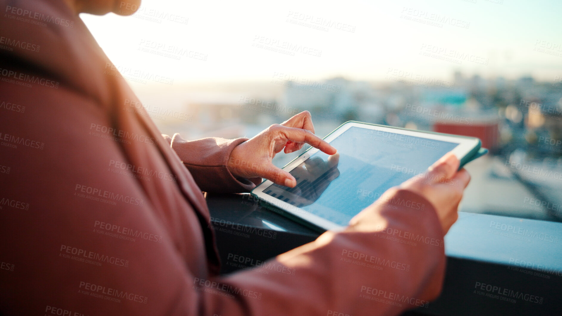 Buy stock photo Balcony, hands and scroll in city with tablet screen, data analysis and housing market for real estate. Person, outdoor and realtor in urban town with tech, graphs and stats for property investment.