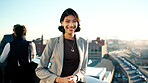 Business, happy and woman on balcony with portrait, property agent or pride in real estate industry. Confidence, realtor or broker at office with space, leasing manager or about us as housing advisor