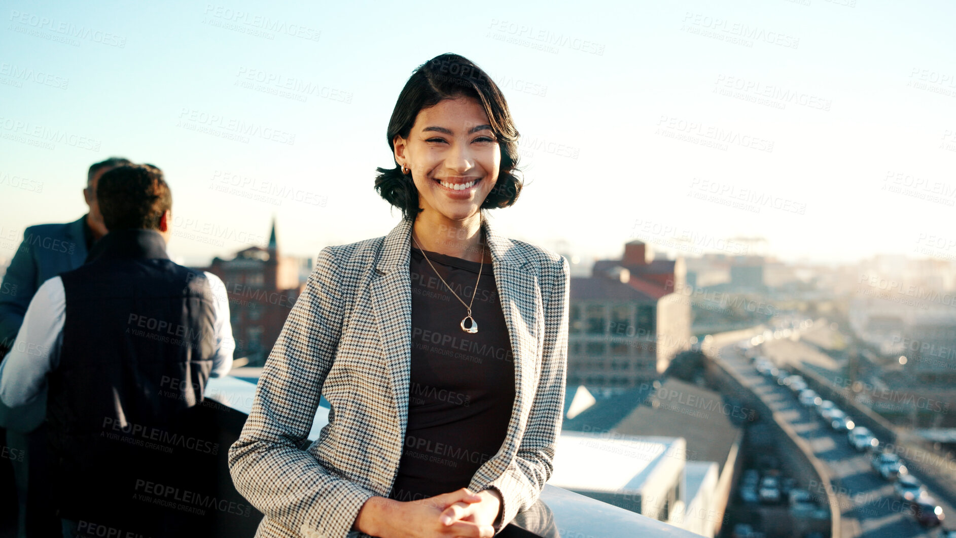 Buy stock photo Business, happy and woman on balcony with portrait, property agent or pride in real estate industry. Confidence, realtor or broker at office with space, leasing manager or about us as housing advisor