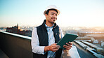 Thinking, man and construction worker with tablet for city planning, research or site development. Ideas, digital technology and civil engineer with feedback on building renovation on rooftop.