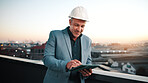 Happy, man and construction contractor with tablet for city planning, research or site development. Reading, digital technology and civil engineer with feedback on building renovation on rooftop.