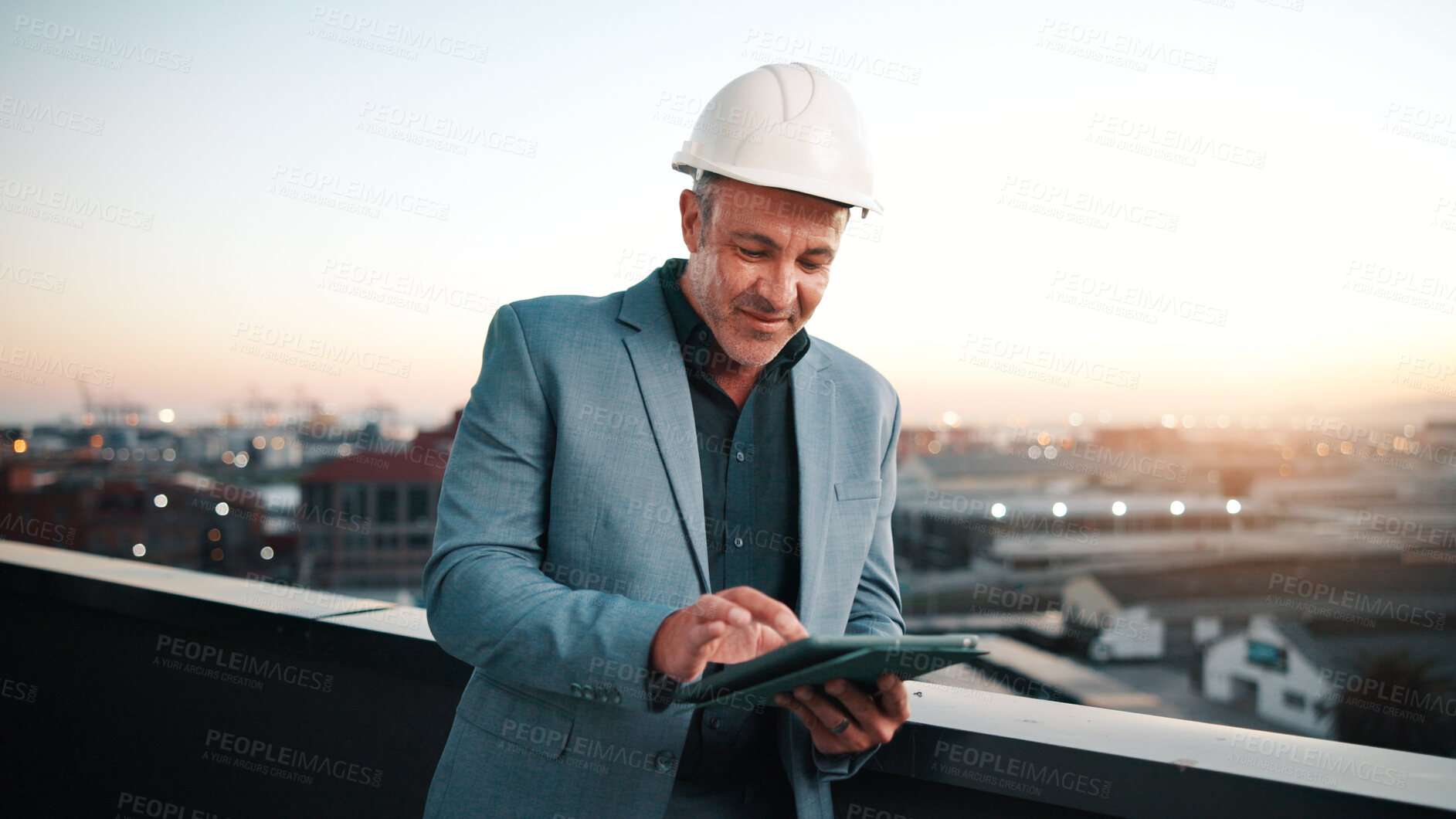 Buy stock photo Happy, man and construction contractor with tablet for city planning, research or site development. Reading, digital technology and civil engineer with feedback on building renovation on rooftop.