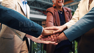 Buy stock photo Circle, teamwork and business people with stack of hands in office for good news on legal case. Celebration, win and attorneys with collaboration, goals or support for law project in workplace.