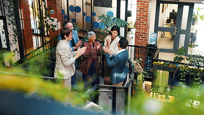 Buy stock photo People, applause and meeting in office with sustainable business, profit growth and happy for success. Above, team clap or celebration on stairs with eco friendly company, revenue increase and goals.