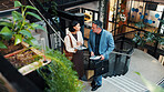Above, manager and woman with tablet on stairs for financial forecasting with market research in office. Economist, advice and collaboration for business strategy, chat and people with tech on steps