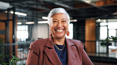 Buy stock photo Business, woman and laugh in office portrait for sustainable career, corporate ethics and about us. Mature person, CSR manager and funny at workplace for social impact, ESG compliance and confidence