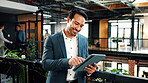 Man, scroll and tablet in office with sustainable business, research or happy with ESG compliance. Coworking, person and typing in eco friendly company with tech, smile or audit for carbon footprint.