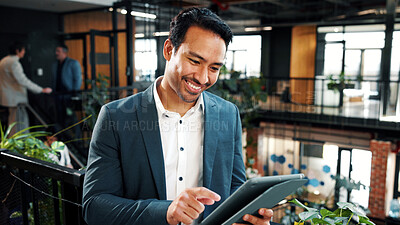 Buy stock photo Man, reading and tablet in office with sustainable business, research or happy with ESG compliance. Coworking, person and online in eco friendly company with tech, smile or audit for carbon footprint