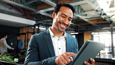 Buy stock photo Businessman, smile and scroll in office with tablet, email and good news for investment opportunity. Happy, person or finance consultant in workplace with tech, alert or notification of funding offer