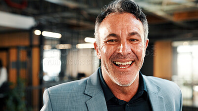 Buy stock photo Business, man and happy in office portrait for sustainable career, corporate ethics and about us. Mature person, CSR manager and smile at workplace for social impact, ESG compliance and experience