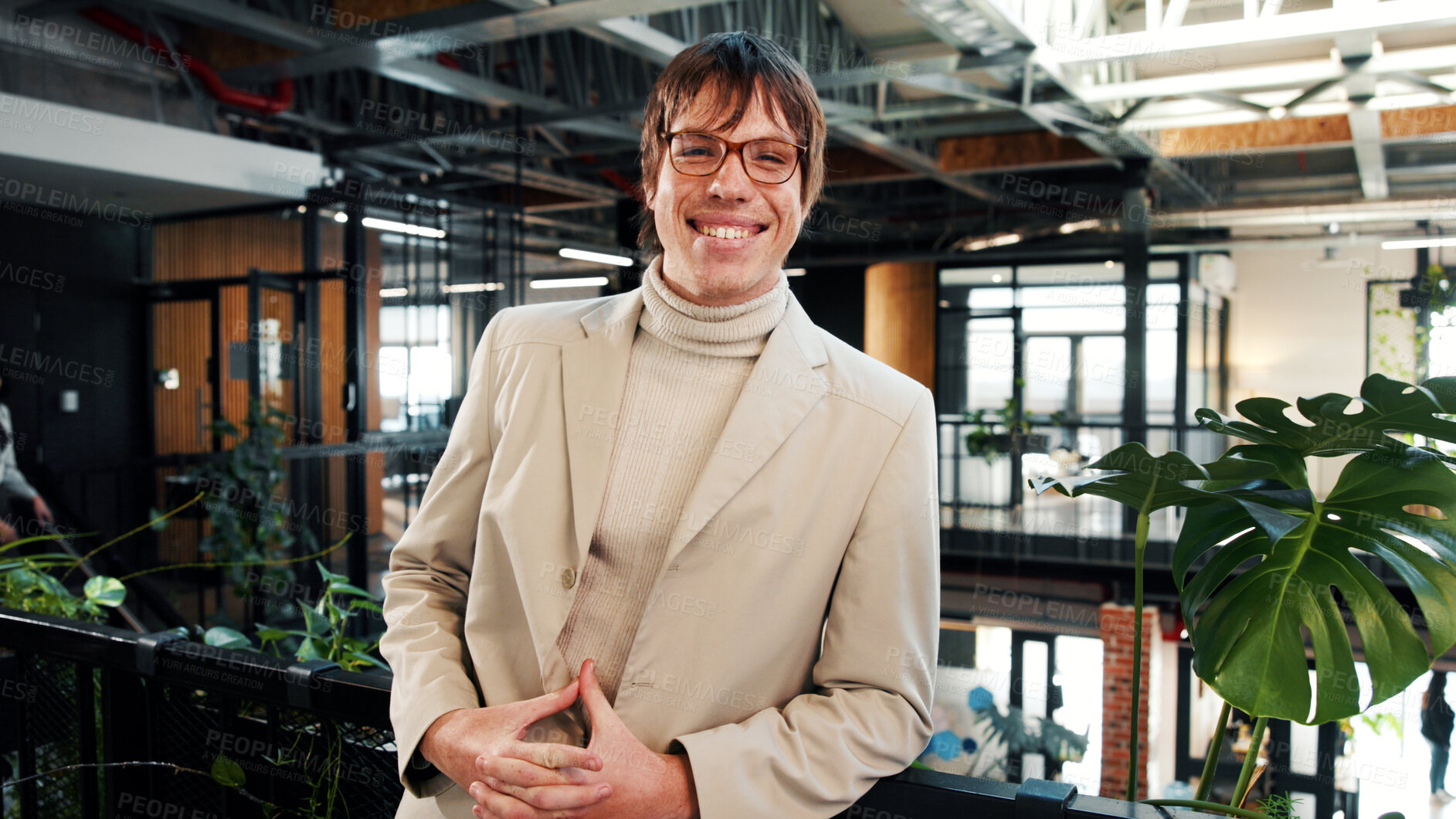Buy stock photo Business, portrait and smile of man in green office for about us, eco friendly mission or future. Glasses, plants and sustainability with happy employee in workplace for environmental occupation