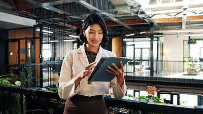 Buy stock photo Businesswoman, planning and tablet in office with sustainability audit, carbon footprint or research. Person, scroll and tech in workplace for environmental impact report, company policy or SDG goals