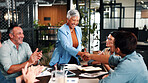 Shaking hands, applause and business people in office for meeting, collaboration or congratulations. Happy, clapping hands and corporate employees with client for handshake on b2b merger in workplace