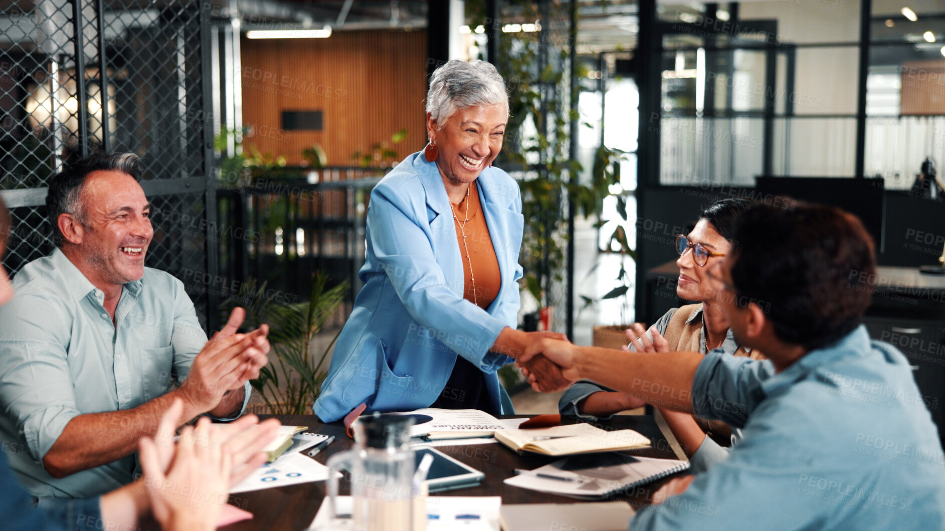 Buy stock photo Shaking hands, applause and business people in office for meeting, collaboration or congratulations. Happy, clapping and corporate employees with client for handshake on b2b merger in workplace.