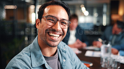 Buy stock photo Portrait, man and happy in office with meeting, glasses and experience for creative advertising career. Bokeh, male person and team in business with pride, smile and about us for marketing agency.