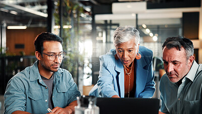 Buy stock photo Manager, people and review in office with laptop, opinion or suggestion for digital marketing project. Team, management and talk in creative agency with computer, advice and planning for ad campaign.