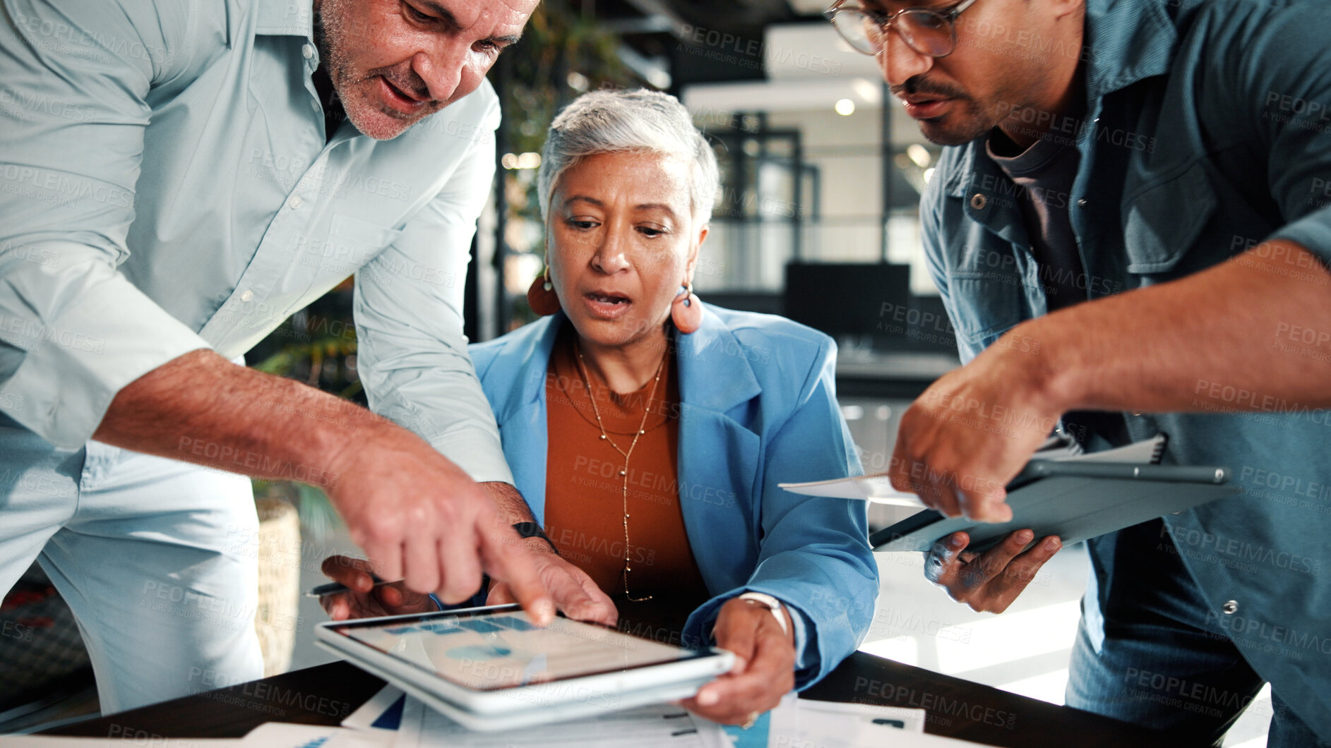 Buy stock photo Documents, tablet and business woman in busy office for management multitasking. App, communication and paperwork signature with mature manager juggling responsibilities for workplace delegation