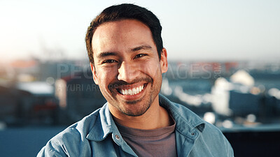 Buy stock photo Portrait, man and worker in city with smile, confidence and experience for creative marketing career. Happy, person and outdoor in urban town with pride, ambition and about us for advertising agency.