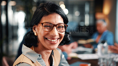 Buy stock photo Portrait, woman and happy in office with meeting, glasses and confidence for advertising career. Bokeh, female person and marketing team in business with pride, smile or about us for creative agency.