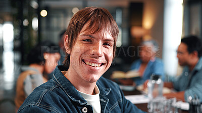 Buy stock photo Portrait, creative and happy man in office with meeting, pride and confidence for advertising career. Person, smile and team in business for brand management, media and about us for marketing agency.